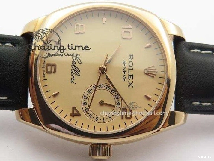 A2824 Cellini Markers Numeral Leather Date RG Rose Black Dial On Gold Strap 0721